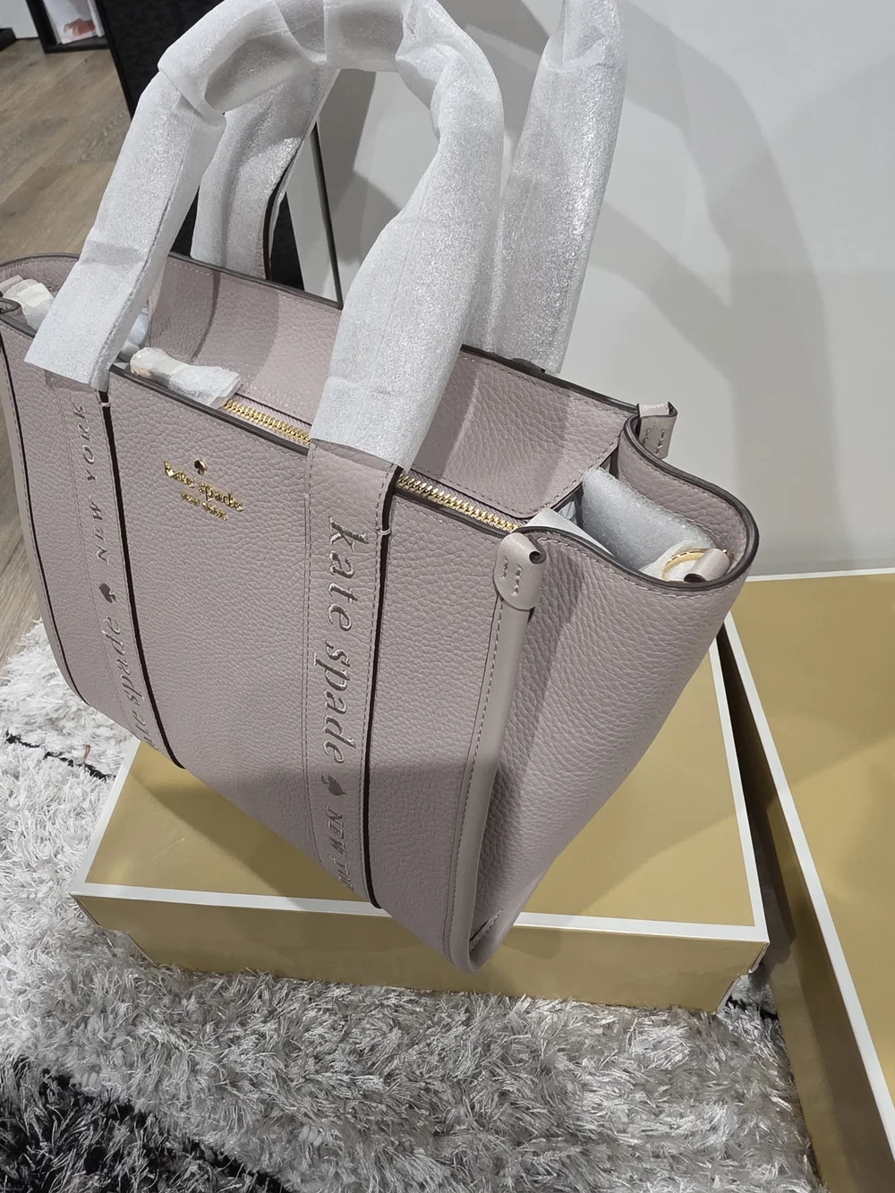 kate spade pale lavender leather tote with logo straps
